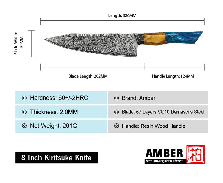 kiritsuke Cuchillo de cocina japonés de acero damasco. Con mango de resina azul, 67 capas