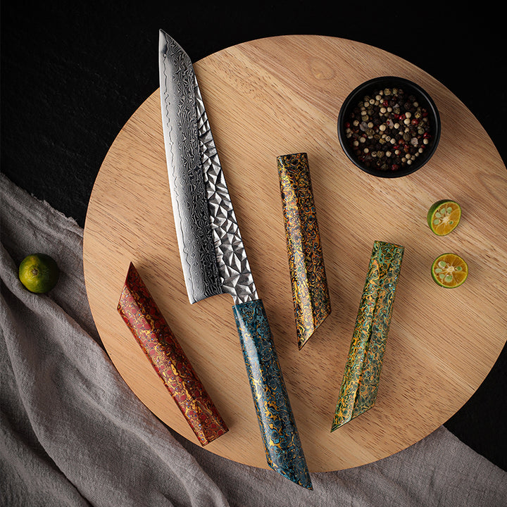 Cuchillo de chef 8" de acero de Damasco japonés de 67 capas. Mango lacado BLUE