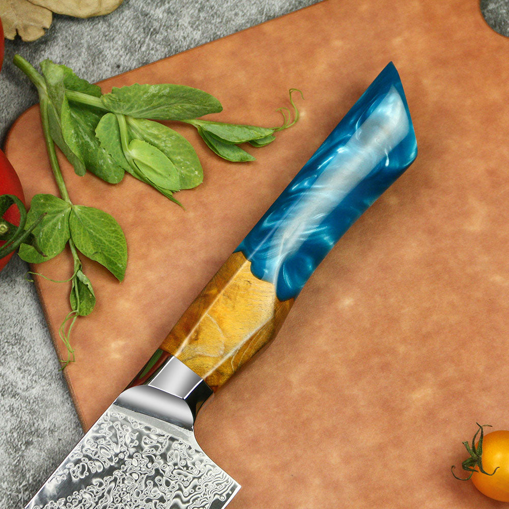 kiritsuke Cuchillo de cocina japonés de acero damasco. Con mango de resina azul, 67 capas