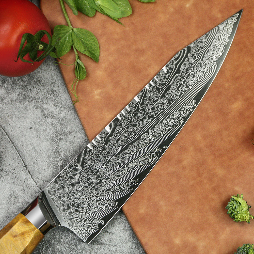 kiritsuke Cuchillo de cocina japonés de acero damasco. Con mango de resina azul, 67 capas