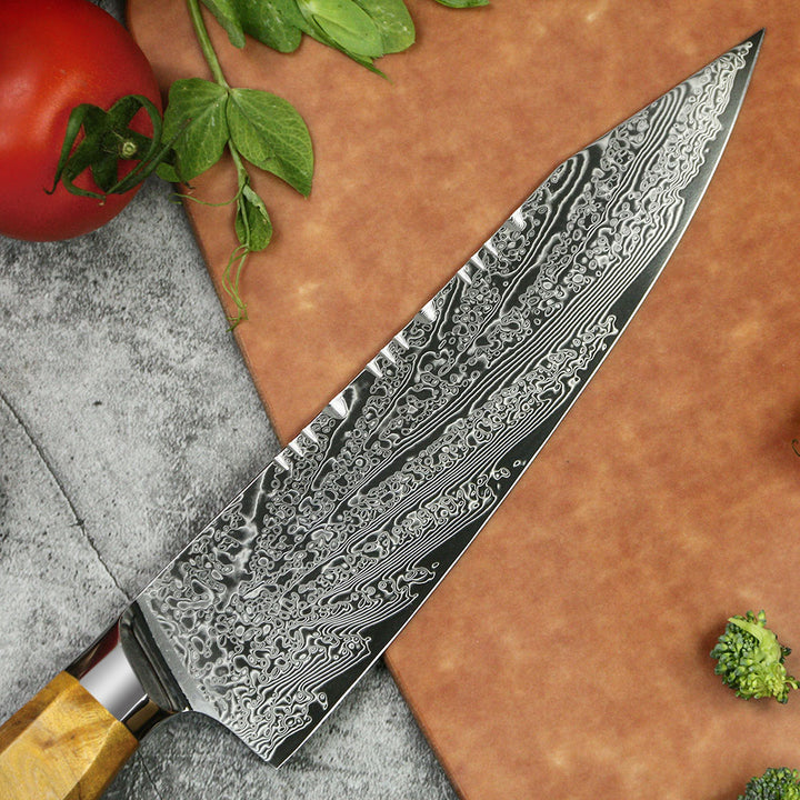 kiritsuke Cuchillo de cocina japonés de acero damasco. Con mango de resina azul, 67 capas