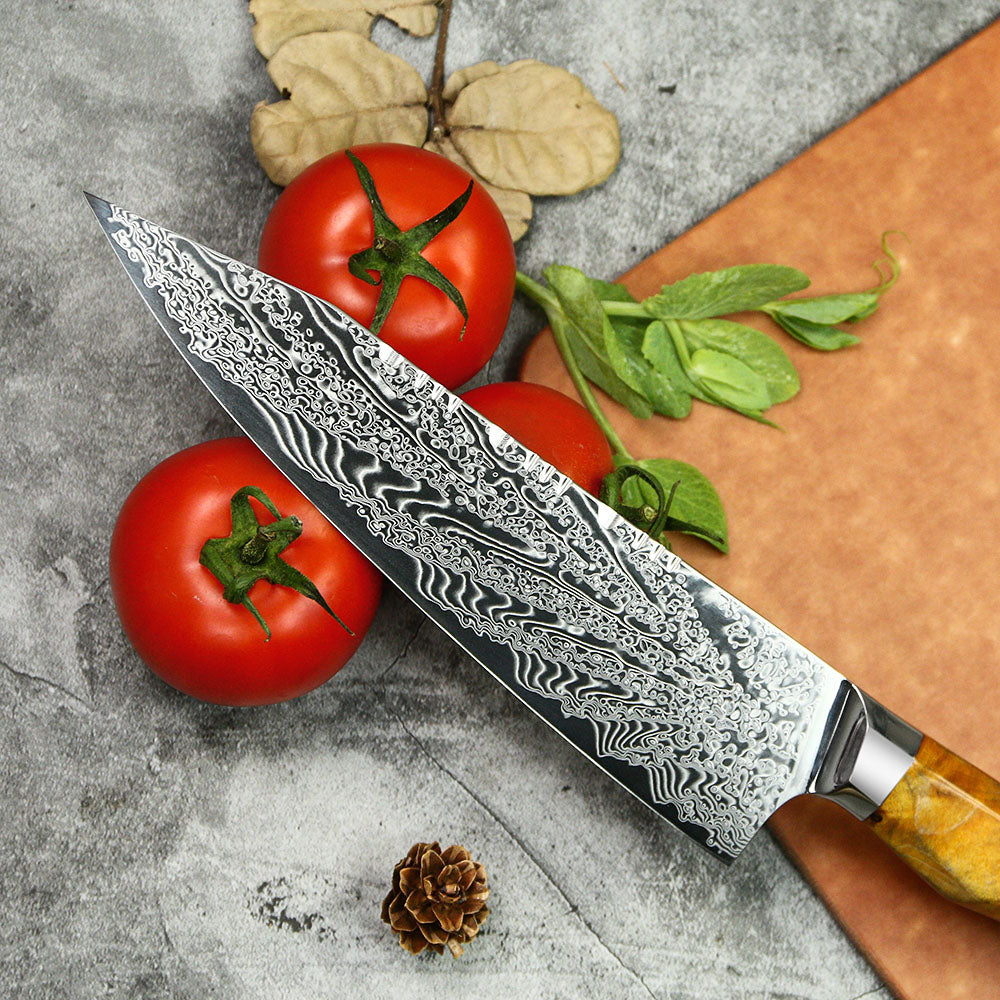 kiritsuke Cuchillo de cocina japonés de acero damasco. Con mango de resina azul, 67 capas