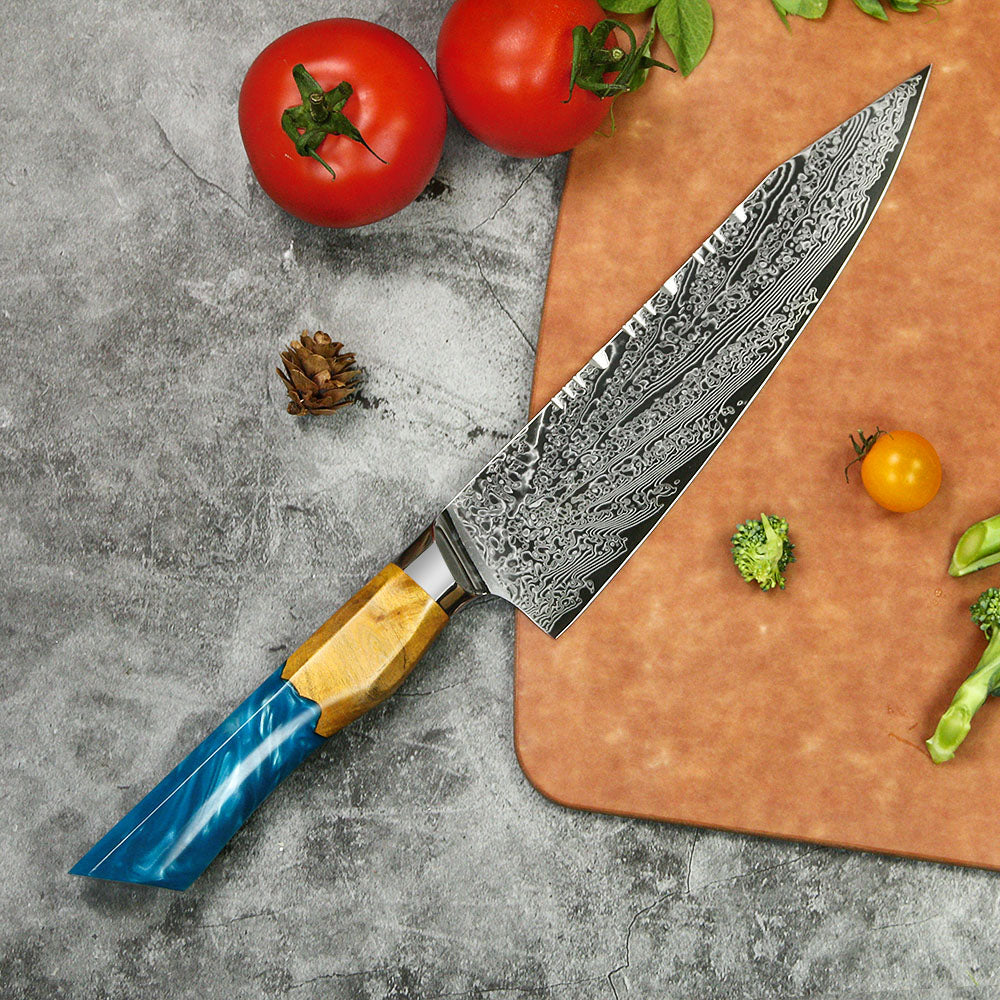 kiritsuke Cuchillo de cocina japonés de acero damasco. Con mango de resina azul, 67 capas