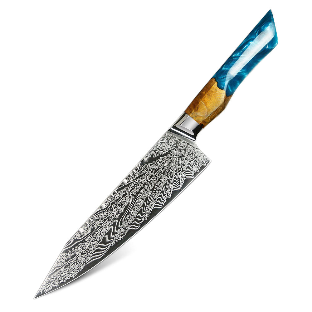 kiritsuke Cuchillo de cocina japonés de acero damasco. Con mango de resina azul, 67 capas