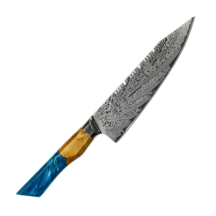 kiritsuke Cuchillo de cocina japonés de acero damasco. Con mango de resina azul, 67 capas