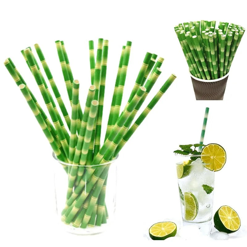 Pajitas de papel con patrón de bambú verde 50 unidades.