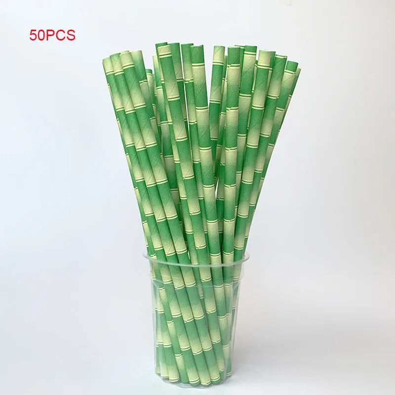 Pajitas de papel con patrón de bambú verde 50 unidades.